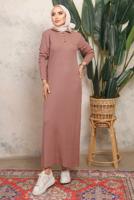 Tesettür giyim PUDRA DÜĞME DETAYLI DÜZ TRİKO ELBİSE T 8101
