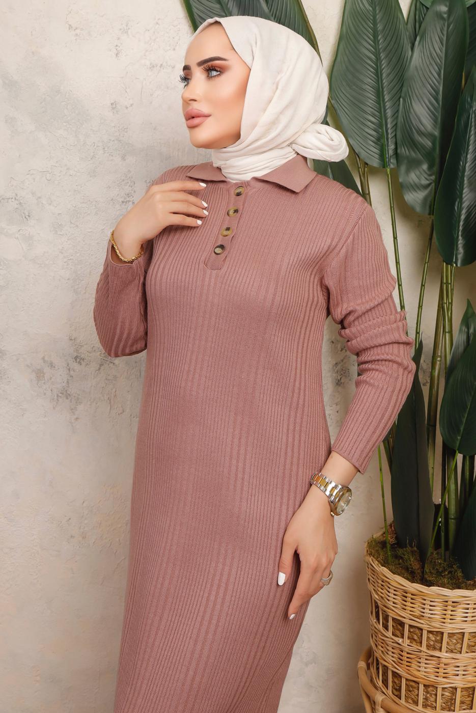 Tesettür giyim PUDRA DÜĞME DETAYLI DÜZ TRİKO ELBİSE T 8101