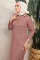 Tesettür giyim PUDRA DÜĞME DETAYLI DÜZ TRİKO ELBİSE T 8101