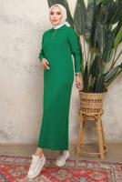Tesettür giyim YEŞİL DÜĞME DETAYLI DÜZ TRİKO ELBİSE T 8101