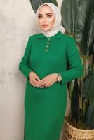 Tesettür giyim YEŞİL DÜĞME DETAYLI DÜZ TRİKO ELBİSE T 8101