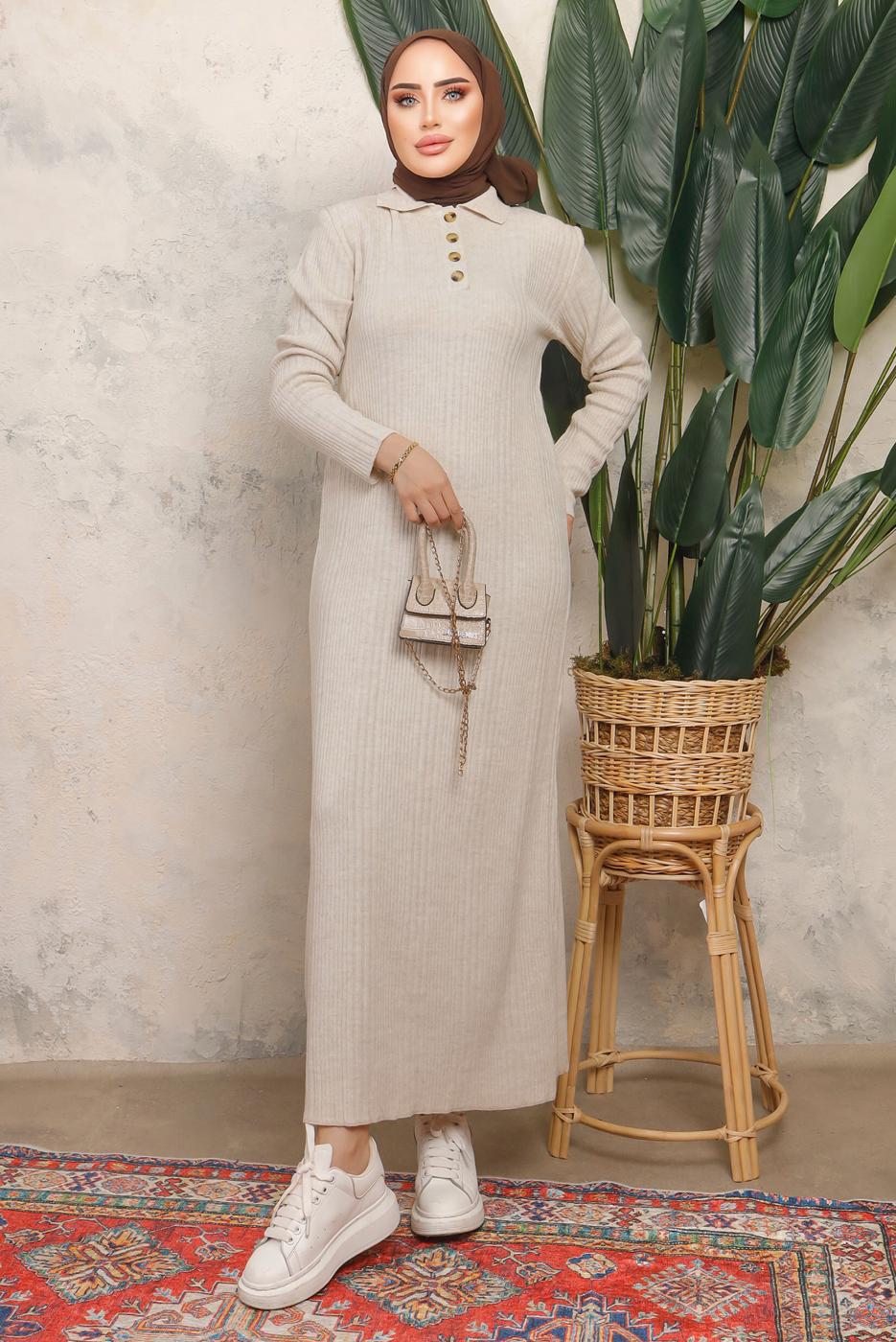 Tesettür giyim BEJ DÜĞME DETAYLI DÜZ TRİKO ELBİSE T 8101