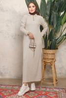 Tesettür giyim BEJ DÜĞME DETAYLI DÜZ TRİKO ELBİSE T 8101