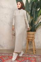 Tesettür giyim BEJ DÜĞME DETAYLI DÜZ TRİKO ELBİSE T 8101