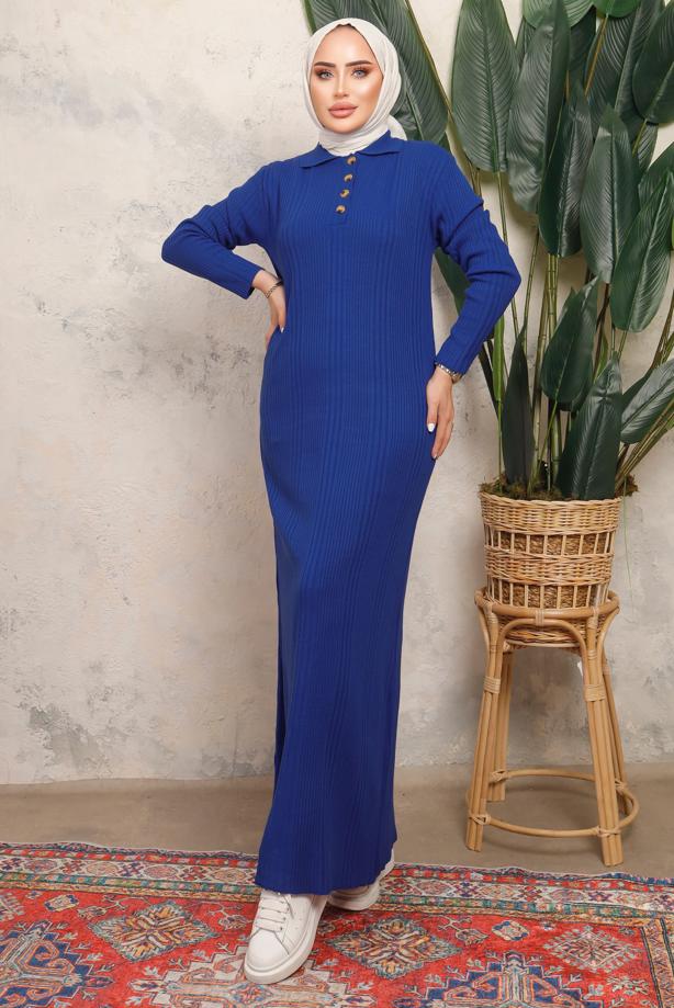 Tesettür giyim LACİVERT DÜĞME DETAYLI DÜZ TRİKO ELBİSE T 8101 - TRENDTESETTÜR
