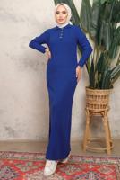 Tesettür giyim LACİVERT DÜĞME DETAYLI DÜZ TRİKO ELBİSE T 8101