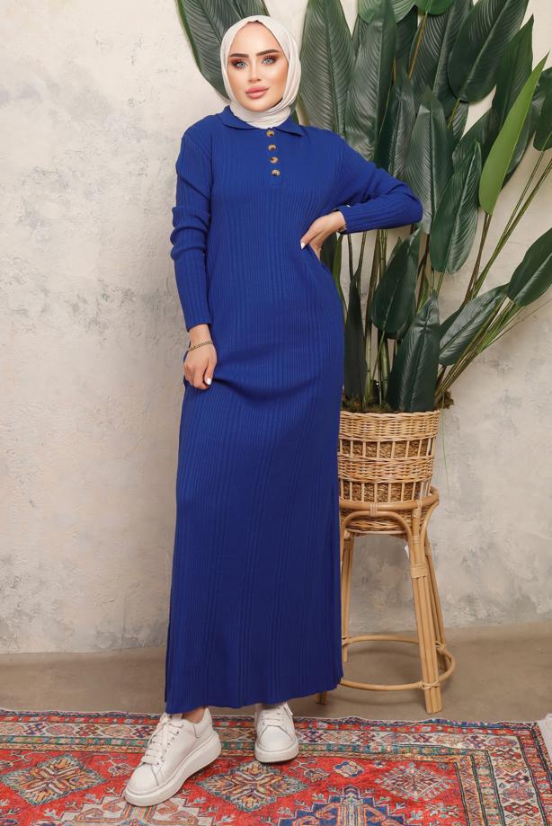 Tesettür giyim LACİVERT DÜĞME DETAYLI DÜZ TRİKO ELBİSE T 8101 - TRENDTESETTÜR