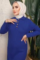 Tesettür giyim LACİVERT DÜĞME DETAYLI DÜZ TRİKO ELBİSE T 8101