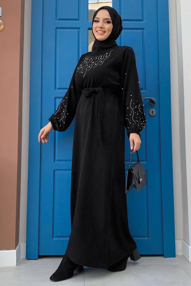 Tesettür giyim SİYAH TAŞ İŞLEMELİ TRİKO ELBİSE T 81332 - TRENDTESETTÜR