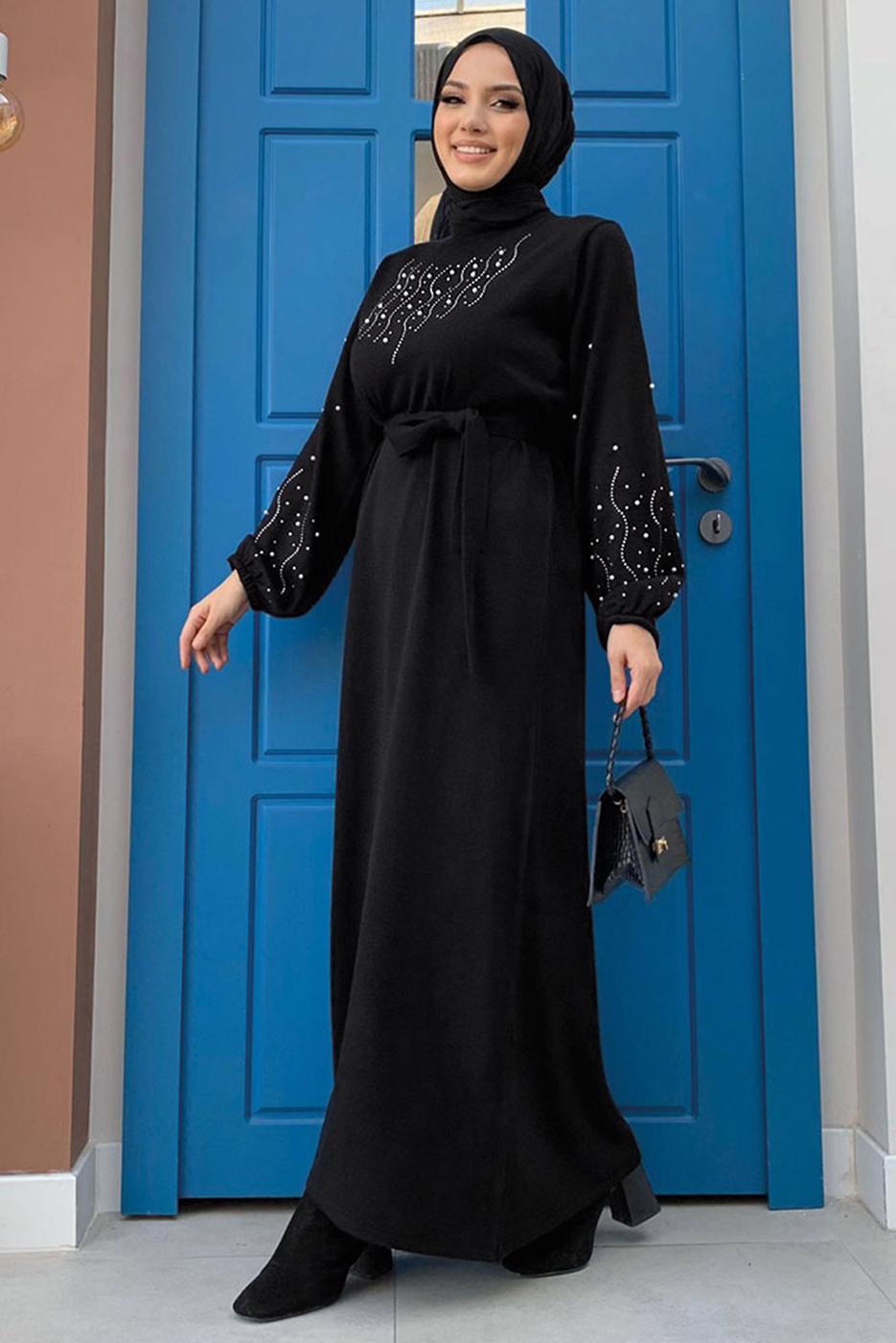 Tesettür giyim SİYAH TAŞ İŞLEMELİ TRİKO ELBİSE T 81332