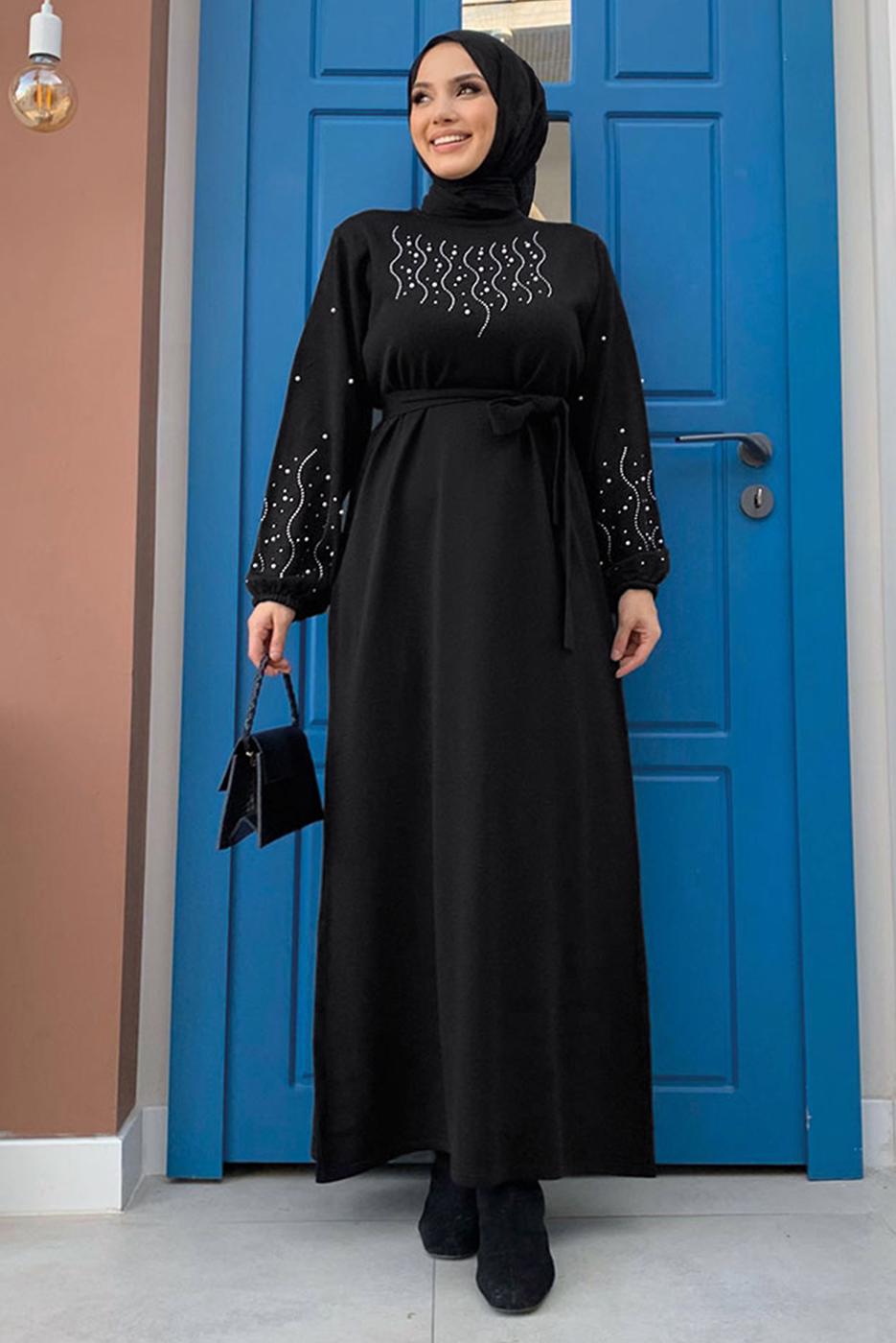 Tesettür giyim SİYAH TAŞ İŞLEMELİ TRİKO ELBİSE T 81332