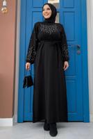 Tesettür giyim SİYAH TAŞ İŞLEMELİ TRİKO ELBİSE T 81332