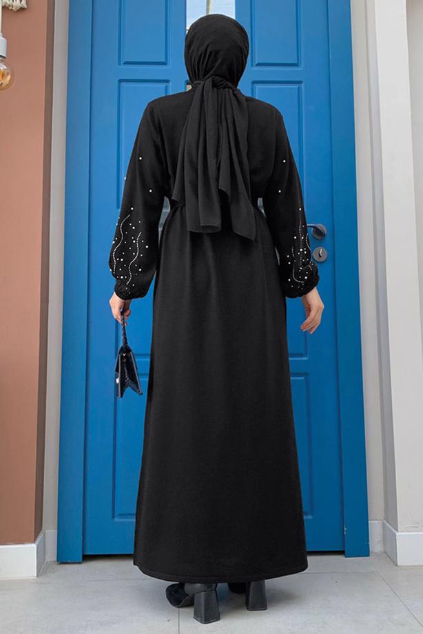 Tesettür giyim SİYAH TAŞ İŞLEMELİ TRİKO ELBİSE T 81332 - TRENDTESETTÜR