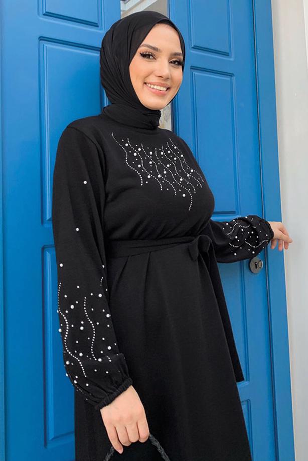 Tesettür giyim SİYAH TAŞ İŞLEMELİ TRİKO ELBİSE T 81332 - TRENDTESETTÜR