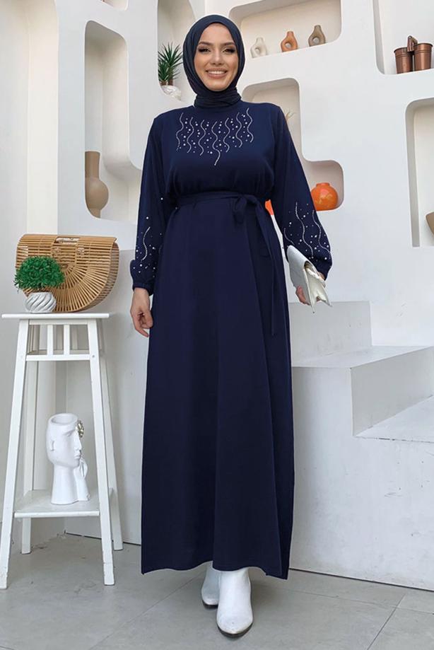 Tesettür giyim LACİVERT TAŞ İŞLEMELİ TRİKO ELBİSE T 81332 - TRENDTESETTÜR