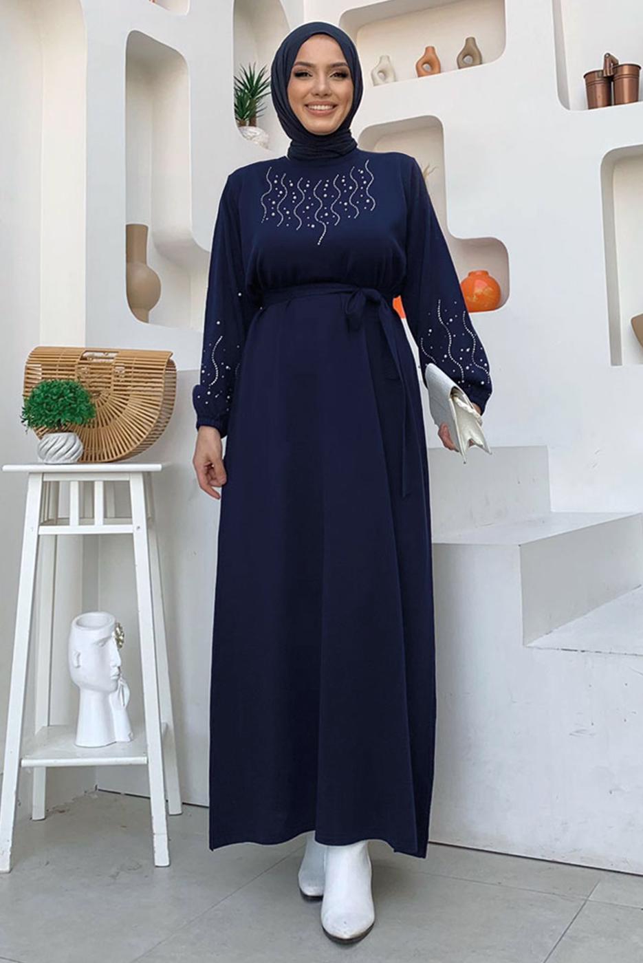 Tesettür giyim LACİVERT TAŞ İŞLEMELİ TRİKO ELBİSE T 81332