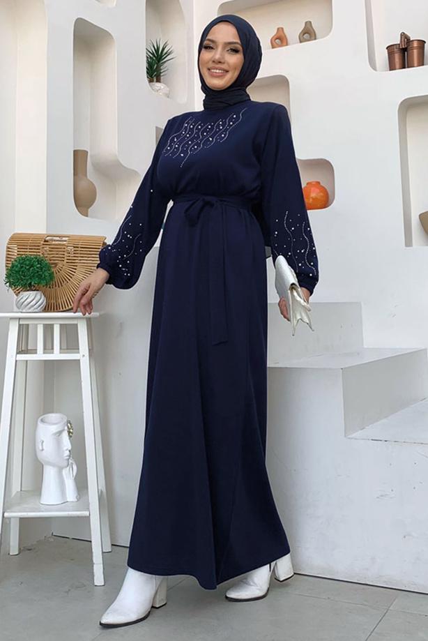 Tesettür giyim LACİVERT TAŞ İŞLEMELİ TRİKO ELBİSE T 81332 - TRENDTESETTÜR