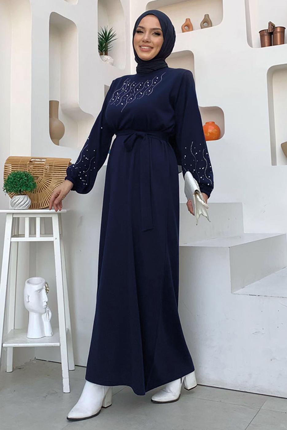 Tesettür giyim LACİVERT TAŞ İŞLEMELİ TRİKO ELBİSE T 81332