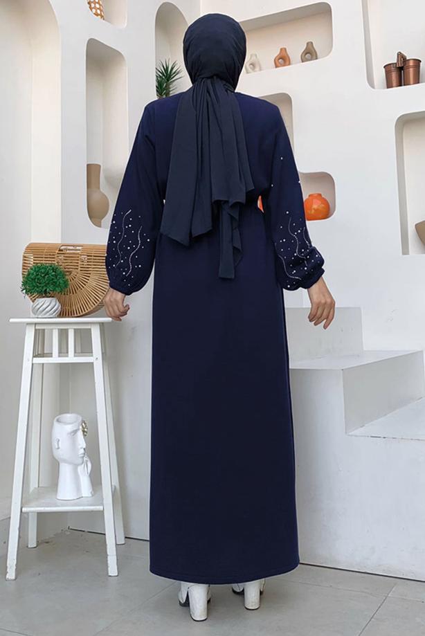 Tesettür giyim LACİVERT TAŞ İŞLEMELİ TRİKO ELBİSE T 81332 - TRENDTESETTÜR