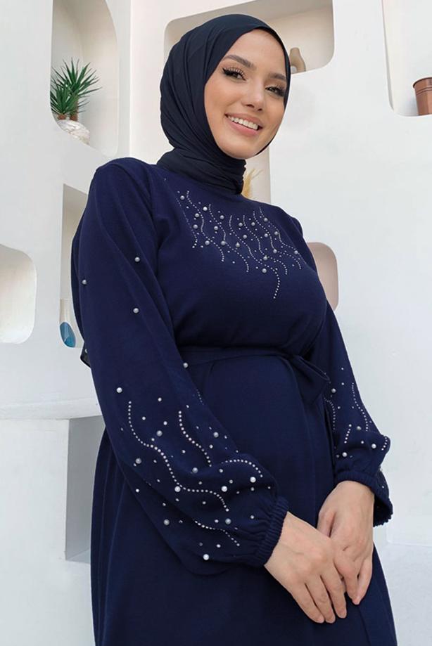 Tesettür giyim LACİVERT TAŞ İŞLEMELİ TRİKO ELBİSE T 81332 - TRENDTESETTÜR