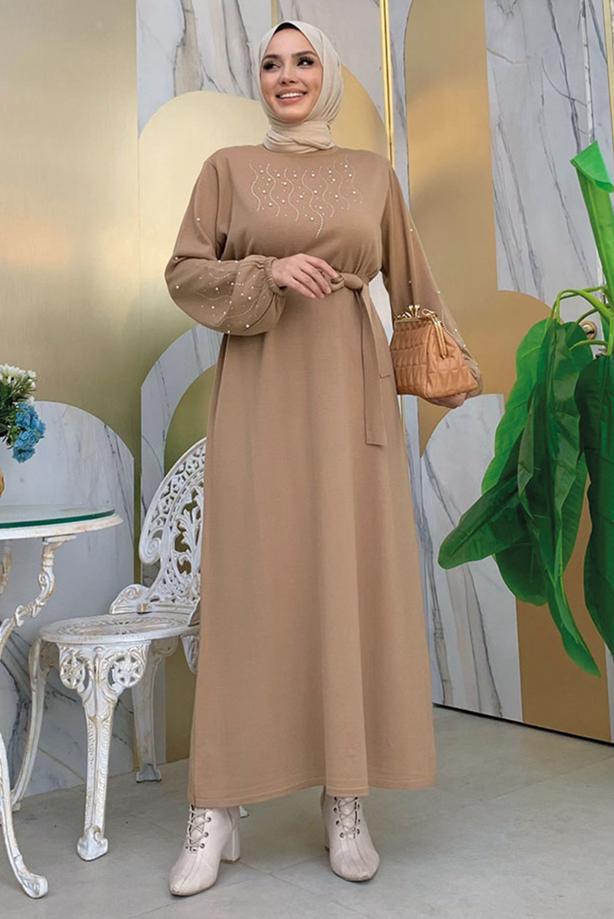 Tesettür giyim TABA TAŞ İŞLEMELİ TRİKO ELBİSE T 81332 - TRENDTESETTÜR