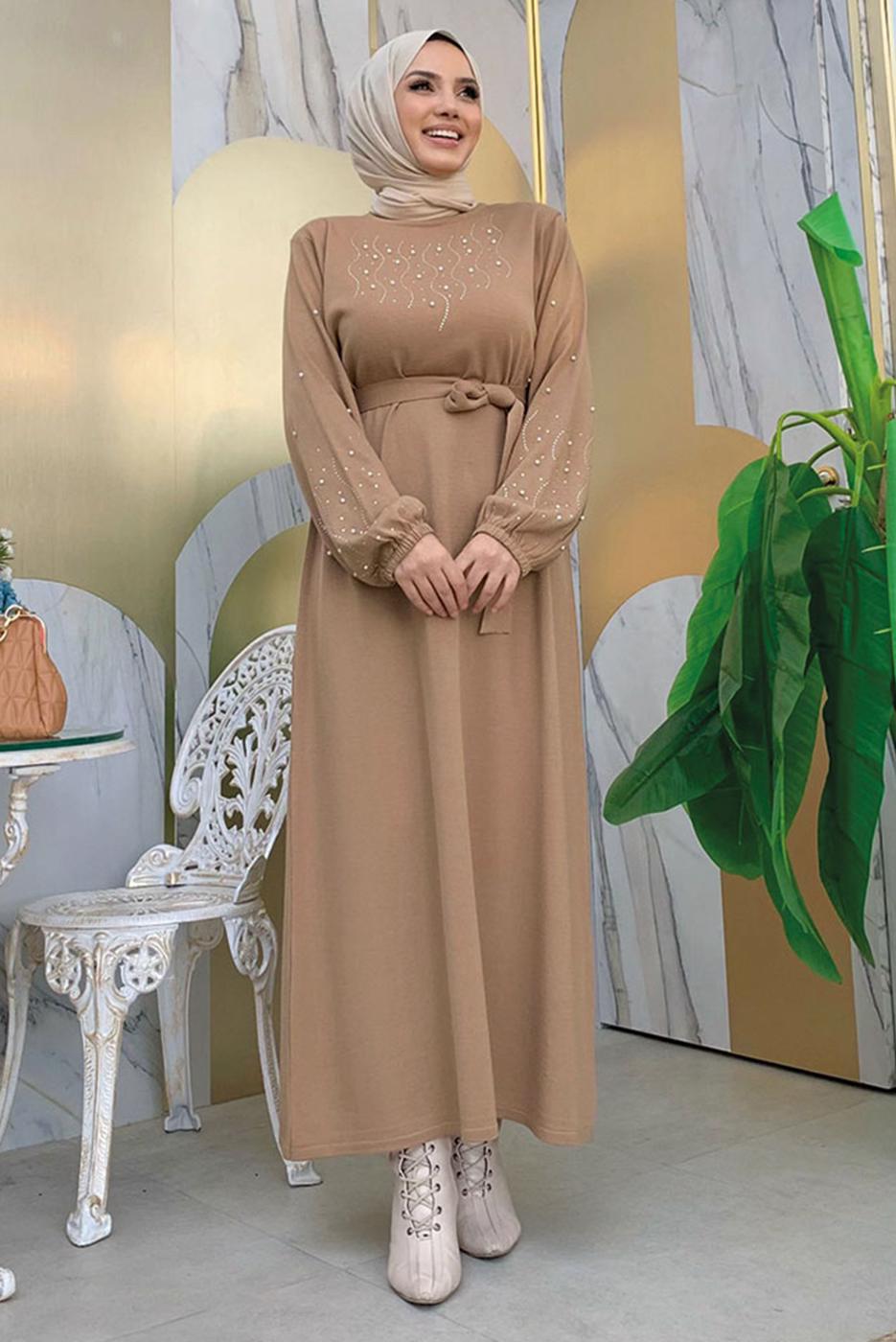 Tesettür giyim TABA TAŞ İŞLEMELİ TRİKO ELBİSE T 81332