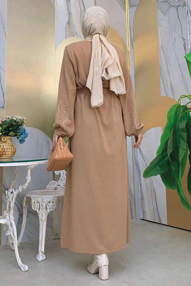 Tesettür giyim TABA TAŞ İŞLEMELİ TRİKO ELBİSE T 81332 - TRENDTESETTÜR