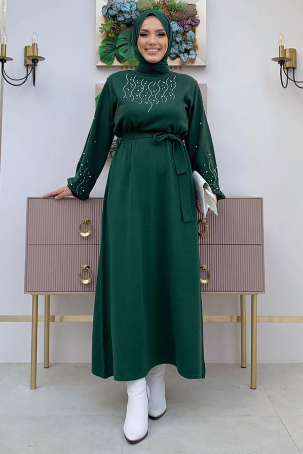 Tesettür giyim YEŞİL TAŞ İŞLEMELİ TRİKO ELBİSE T 81332 - TRENDTESETTÜR