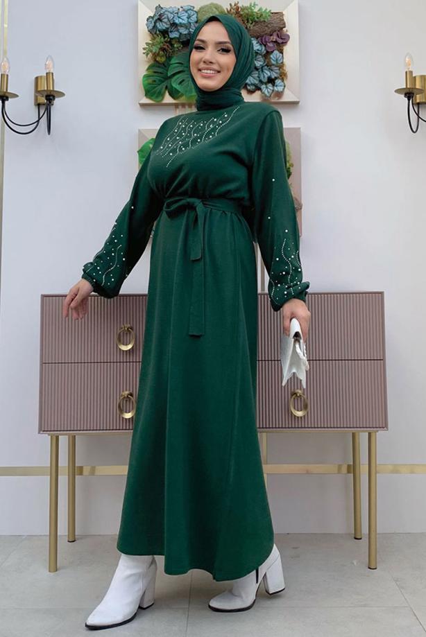 Tesettür giyim YEŞİL TAŞ İŞLEMELİ TRİKO ELBİSE T 81332 - TRENDTESETTÜR