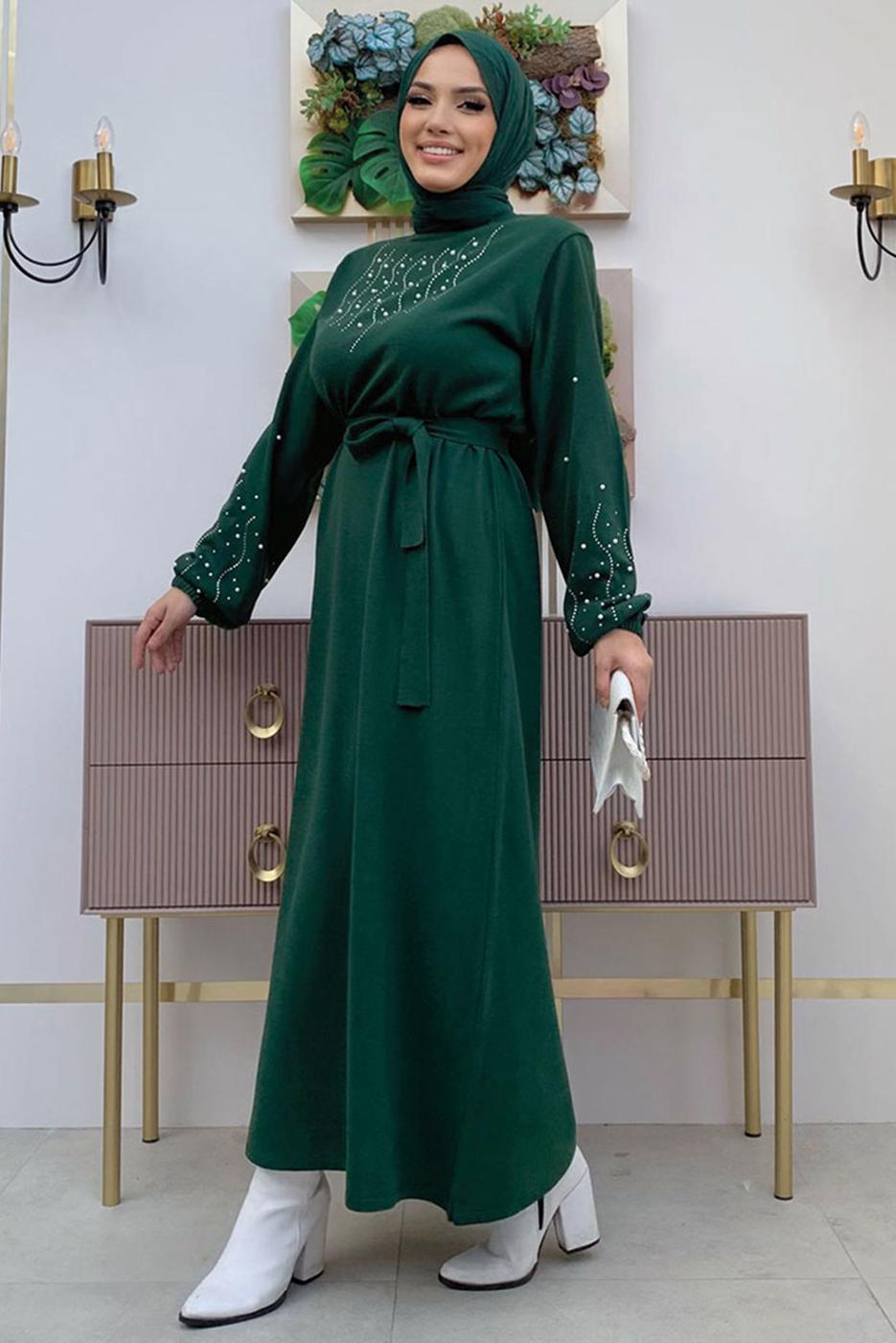 Tesettür giyim YEŞİL TAŞ İŞLEMELİ TRİKO ELBİSE T 81332