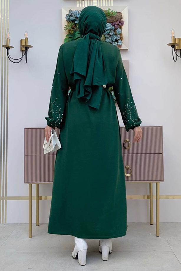 Tesettür giyim YEŞİL TAŞ İŞLEMELİ TRİKO ELBİSE T 81332 - TRENDTESETTÜR