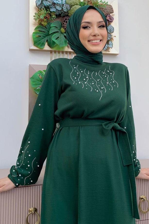 Tesettür giyim YEŞİL TAŞ İŞLEMELİ TRİKO ELBİSE T 81332 - TRENDTESETTÜR