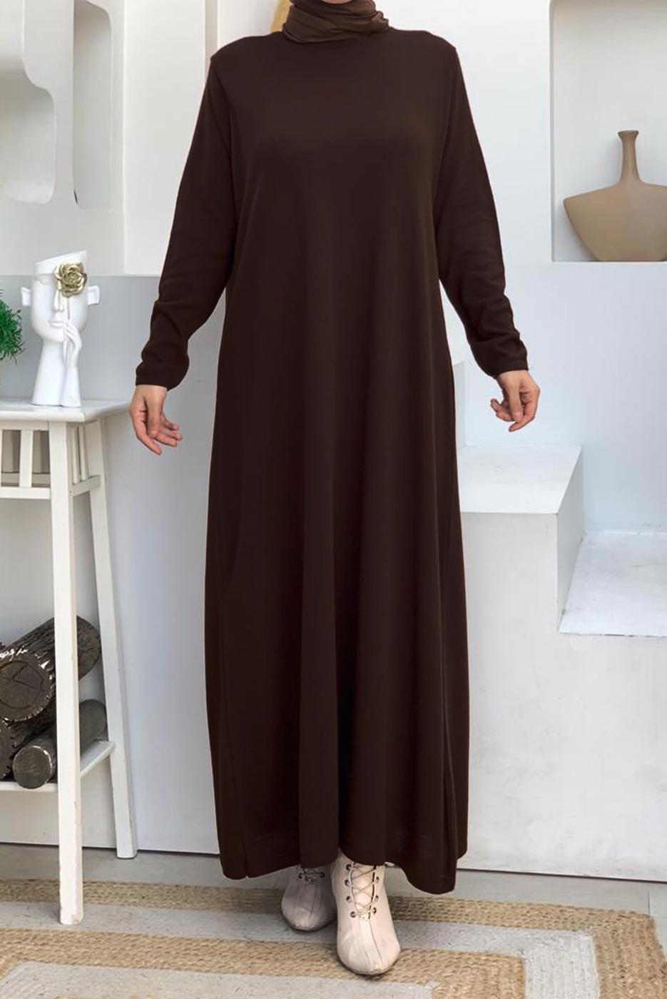 Tesettür giyim KAHVE DÜZ TRİKO ELBİSE T 93232