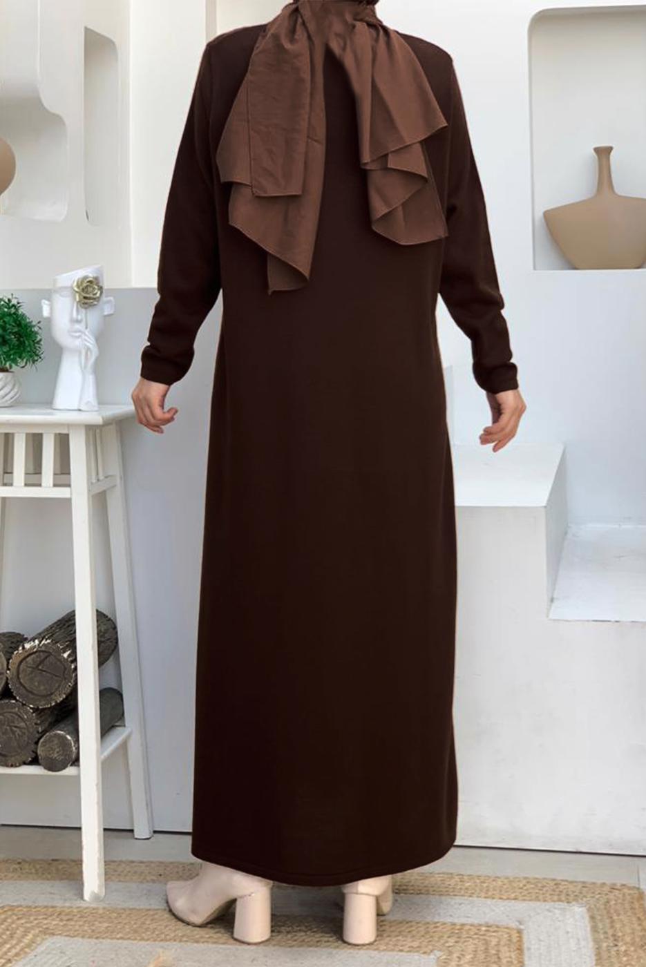 Tesettür giyim KAHVE DÜZ TRİKO ELBİSE T 93232