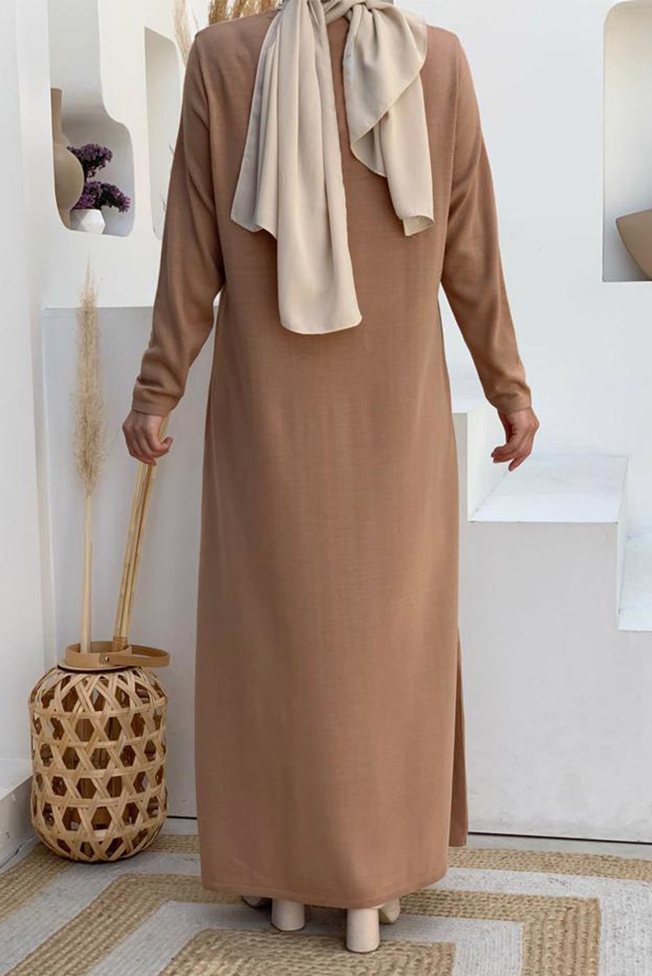 Tesettür giyim TABA DÜZ TRİKO ELBİSE T 93232