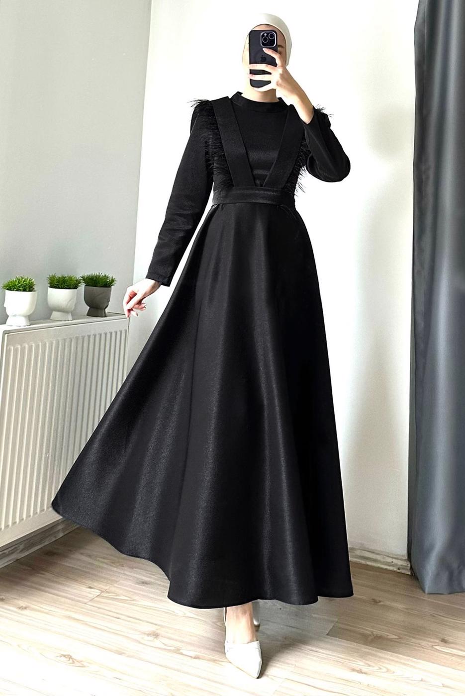 Tesettür giyim SİYAH TÜYLÜ KEMERLİ ELBİSE T 9695
