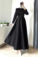 Tesettür giyim SİYAH TÜYLÜ KEMERLİ ELBİSE T 9695