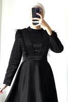 Tesettür giyim SİYAH TÜYLÜ KEMERLİ ELBİSE T 9695