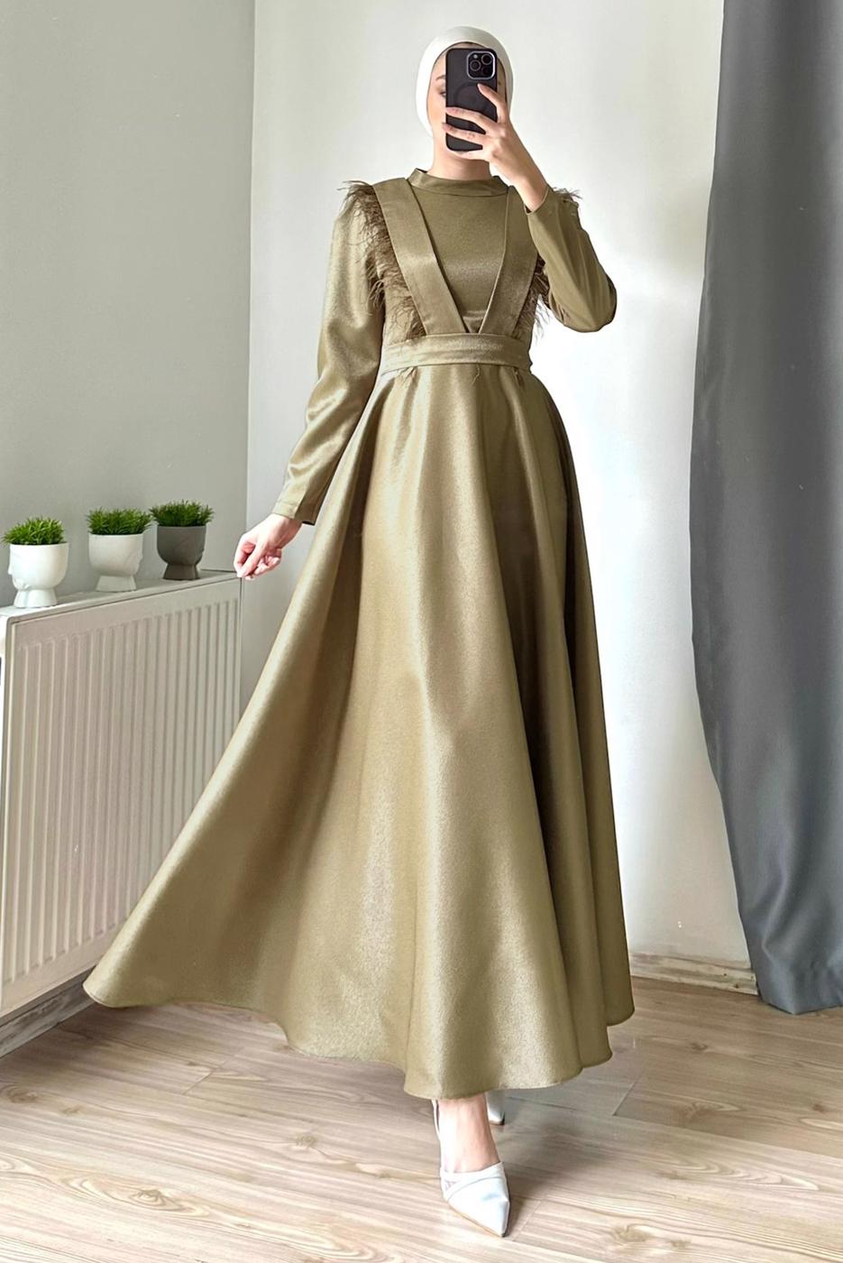 Tesettür giyim BEJ TÜYLÜ KEMERLİ ELBİSE T 9695