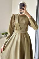 Tesettür giyim BEJ TÜYLÜ KEMERLİ ELBİSE T 9695