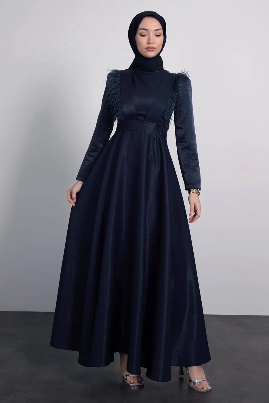 Tesettür giyim LACİVERT TÜYLÜ KEMERLİ ELBİSE T 9695