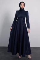 Tesettür giyim LACİVERT TÜYLÜ KEMERLİ ELBİSE T 9695