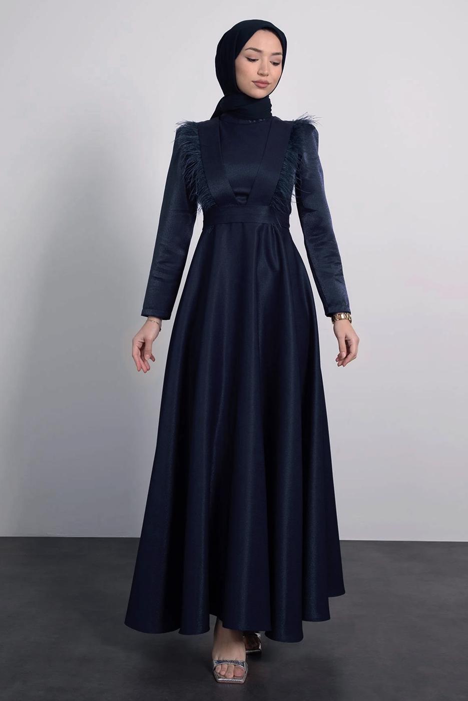 Tesettür giyim LACİVERT TÜYLÜ KEMERLİ ELBİSE T 9695