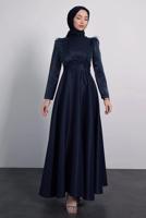 Tesettür giyim LACİVERT TÜYLÜ KEMERLİ ELBİSE T 9695