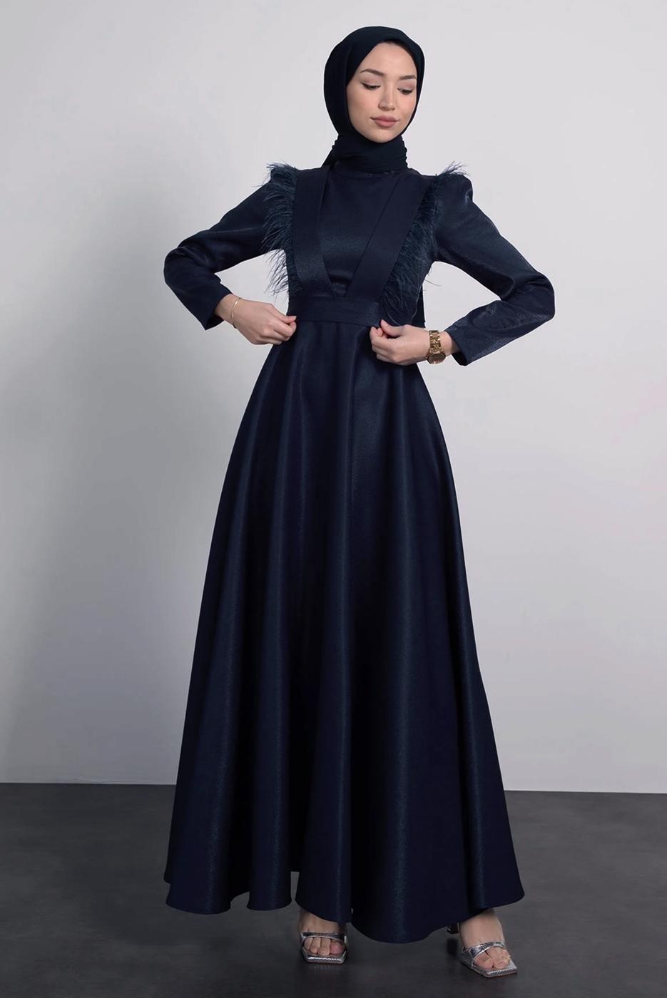 Tesettür giyim LACİVERT TÜYLÜ KEMERLİ ELBİSE T 9695