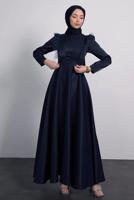 Tesettür giyim LACİVERT TÜYLÜ KEMERLİ ELBİSE T 9695