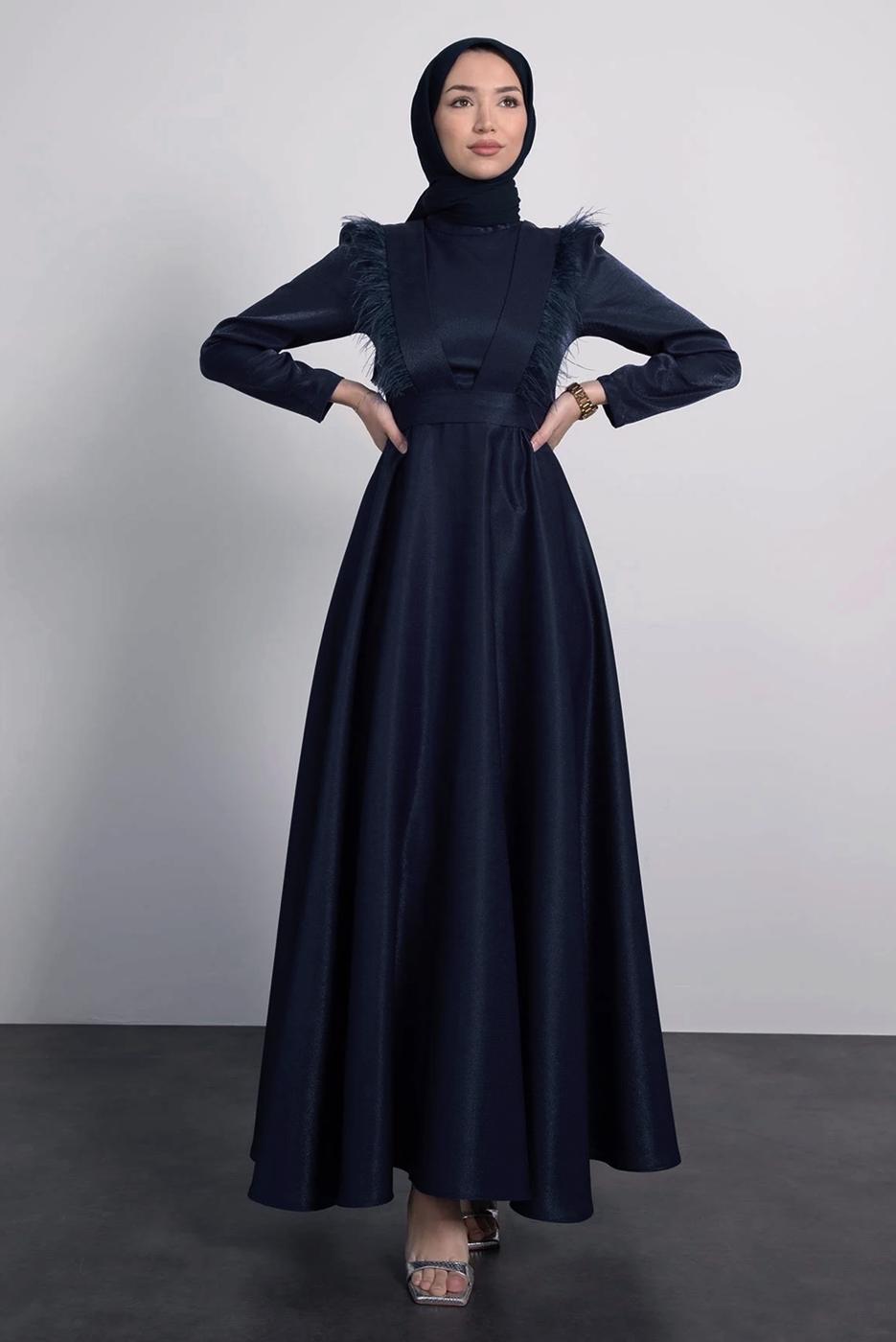 Tesettür giyim LACİVERT TÜYLÜ KEMERLİ ELBİSE T 9695