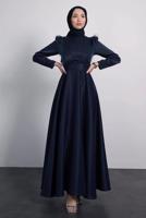 Tesettür giyim LACİVERT TÜYLÜ KEMERLİ ELBİSE T 9695