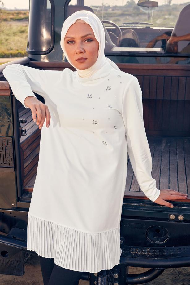 Vêtements hijab CRÈME TUNIQUE DE SURVÊTEMENT ALVINA T 44183 - TRENDTESETTÜR