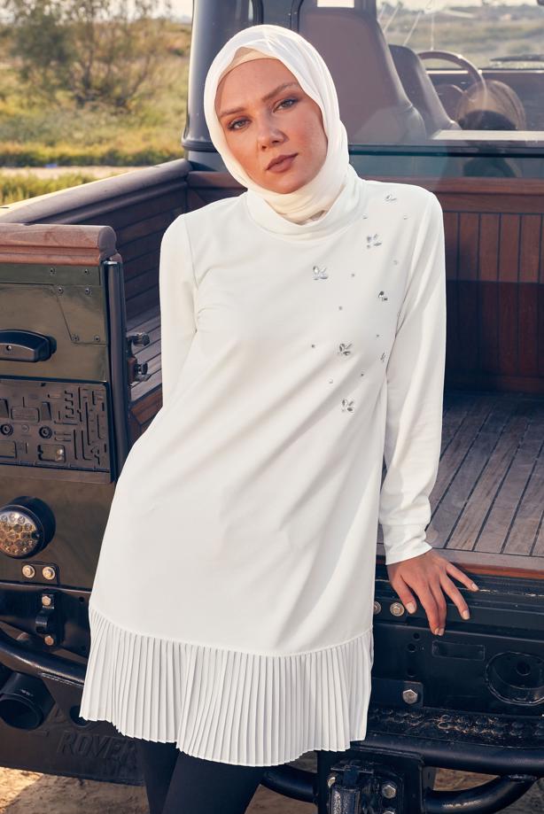 Vêtements hijab CRÈME TUNIQUE DE SURVÊTEMENT ALVINA T 44183 - TRENDTESETTÜR